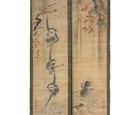 英一蝶 鯉滝登三猿雙幅図